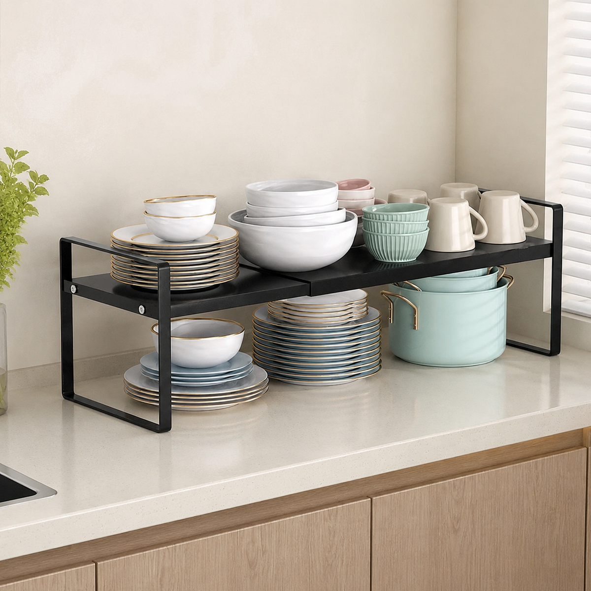 Kitchen Rack Extendable Shelf Carbon Steel 35-65cm Extendable Steel Rack Under Sink Storage Modern Minimalist
