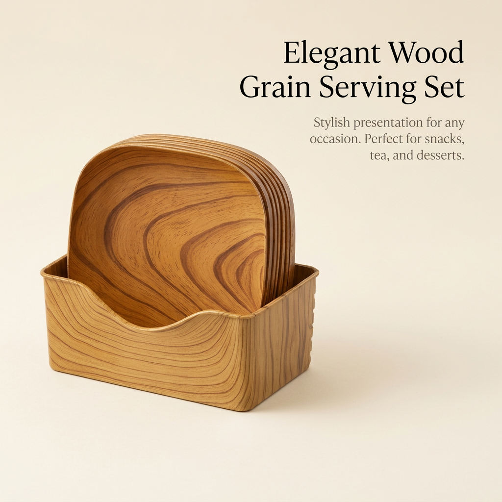 PP Wood Snack Tray Set, Stackable Lightweight Dessert Plates for Food Presentation, Appetizer Dish for Movie Night Tea Time