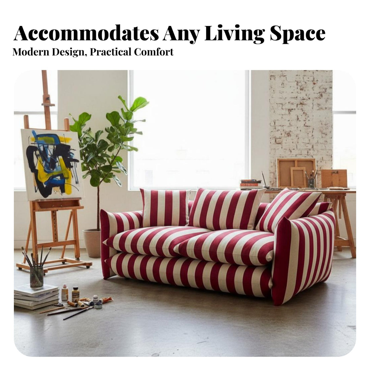 Red and cream Striped Sofa Retro aesthetic 2-Seater Loveseat Designer Inspired space-saving Seating for Design aficionados, Students, Studio, Office, comfortable corner