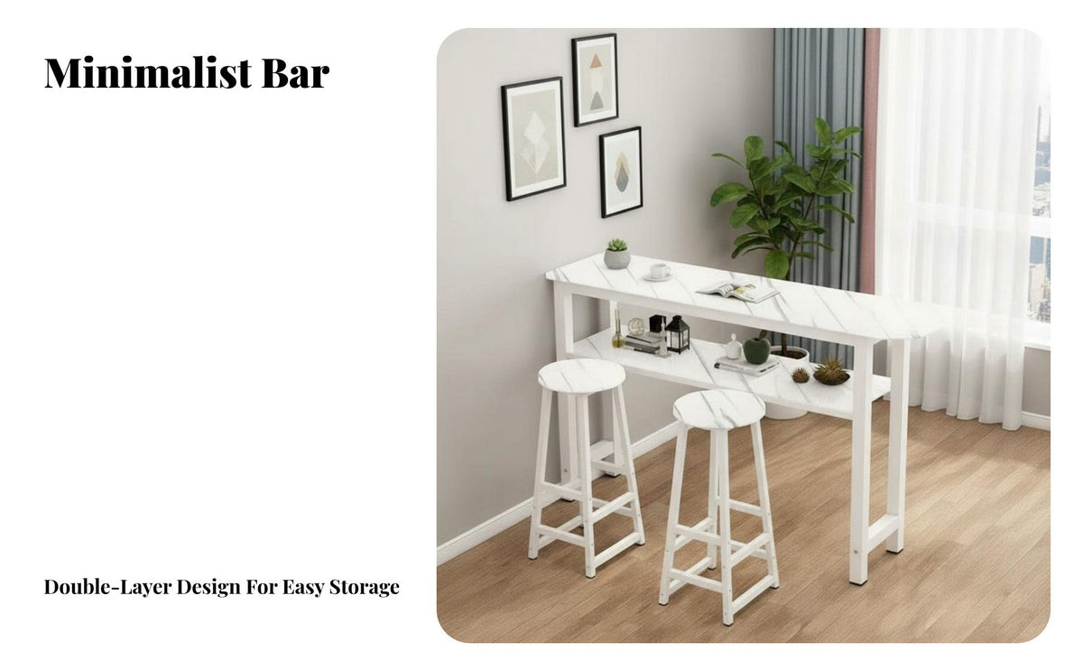 3 Pieces Space-Saving Narrow Counter Height Dining Set Modern Design High Top Table and Chairs Set Multi-Functional Narrow Sofa Table with Stools Stable Steel Frame for Apartment Dwellers, Homeowners, Students, Small Areas, Living Room, Breakfast Nook
