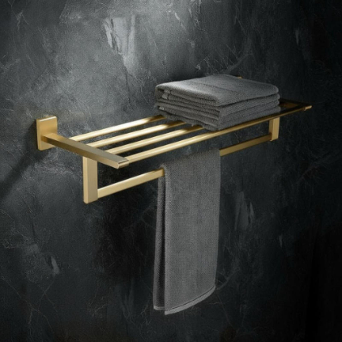 Brushed Gold Brass Towel Rack No-Drill Wall Shelf Organizer