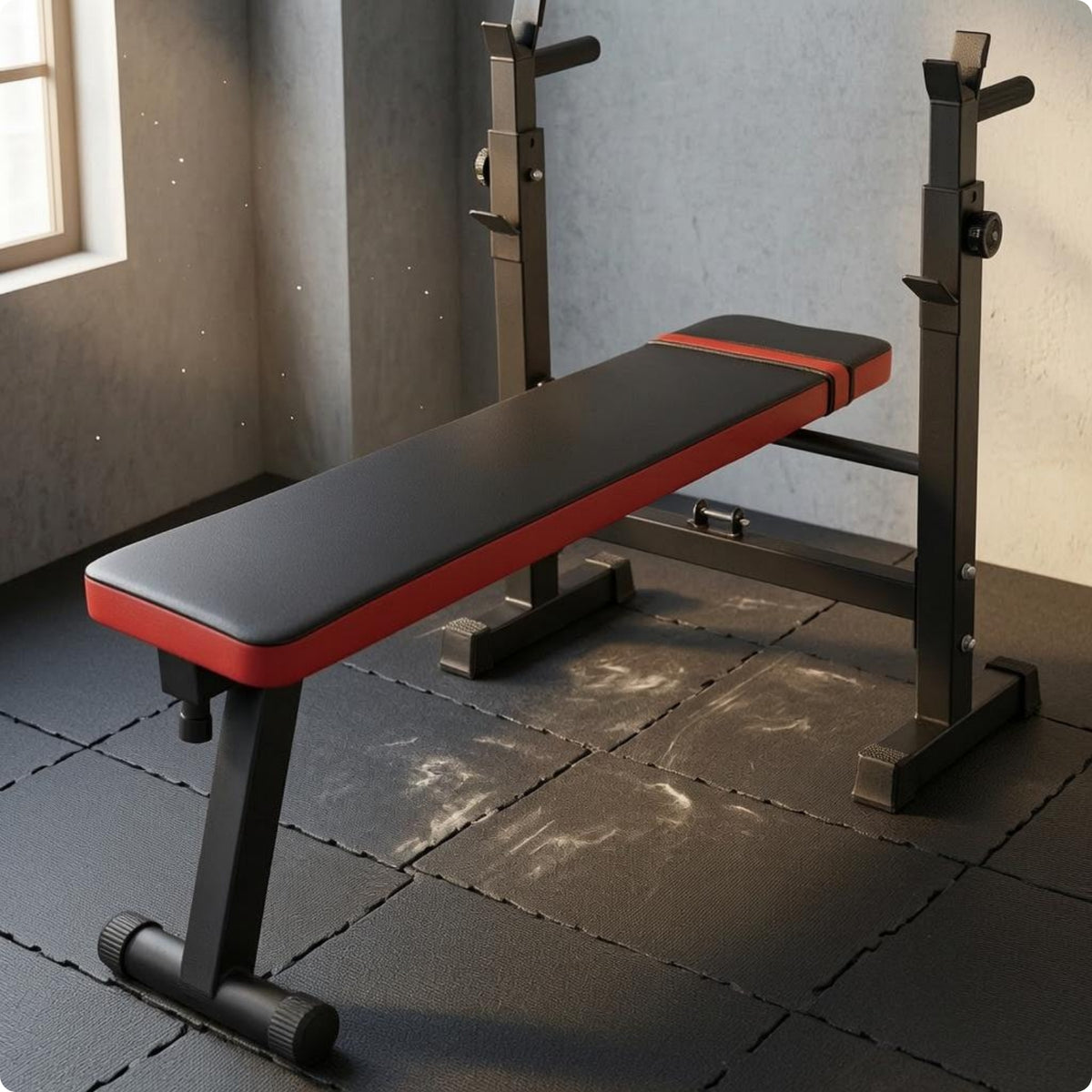 Folding Weight Bench Space-Saving Barbell Rack Bench Red Trim