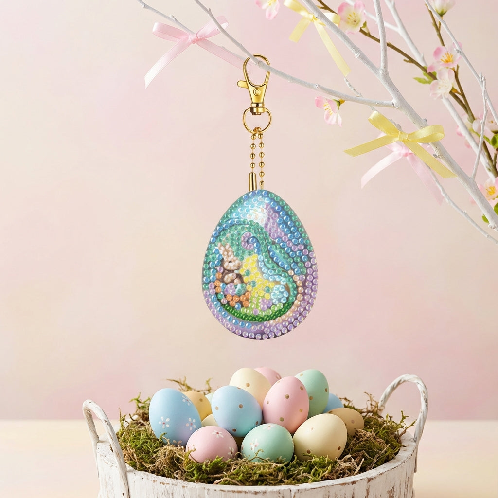 6pcs Easter Crystal Mosaic Keychain Sparkling Rhinestones Single S DIY Easter Egg Keychain Kit 5D Double-Sided Gem Painting Charm for Kids, Keychains