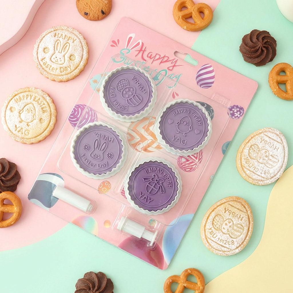4-Pattern Easter Cookie Stamps Set, 3D Plastic Biscuit Embosser Moulds with Plunger Handle, Bunny Egg Chick Press Cutter Tool for DIY Baking, Fondant & Cake Decoration