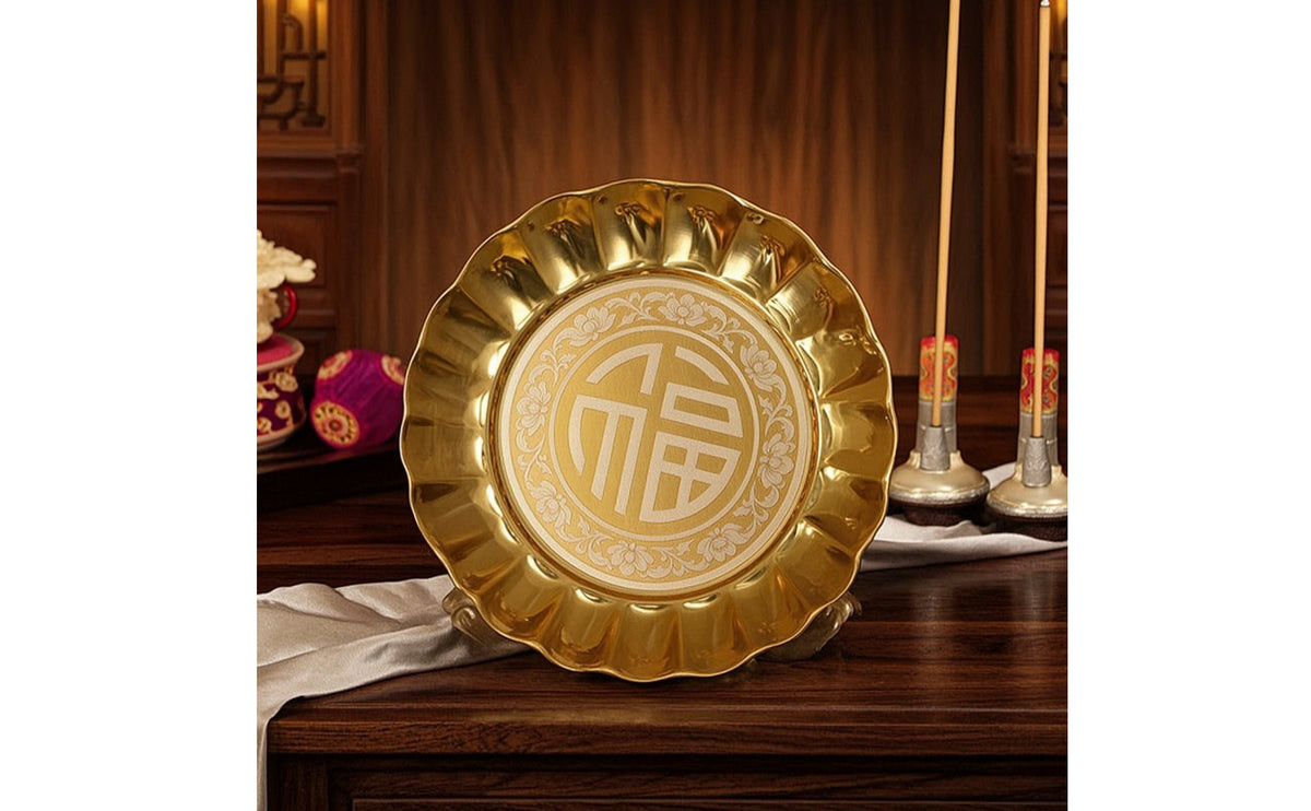 Gold-Colored Fruit Offering Plate Embossed Plate with Fu Character Polished Tray with Scalloped Rim Thickened for Buddhists, Worshipers, Home Altar, Temple, Shrine