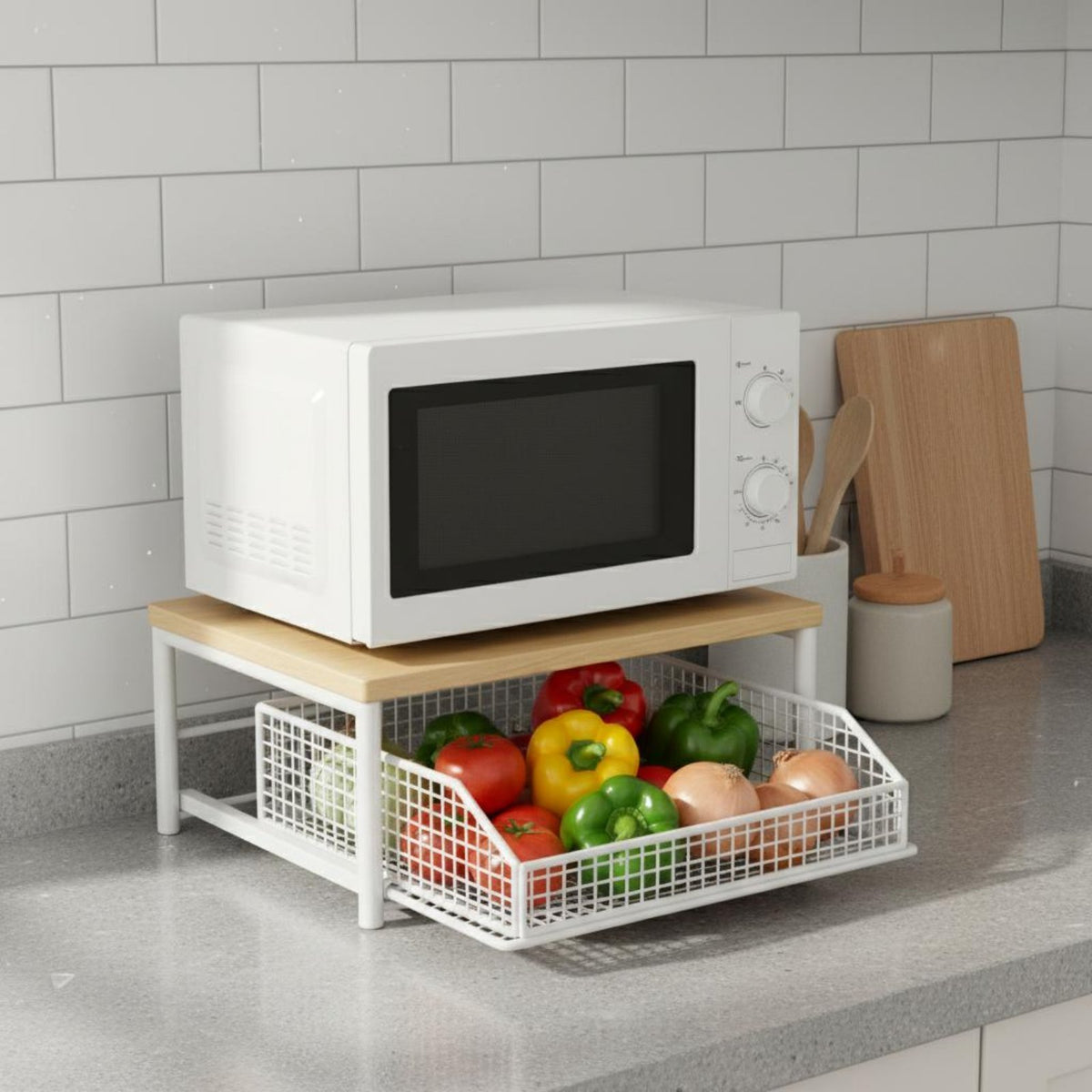 2-Tier Vegetable Storage Stand Versatile Pull-out Basket Counter Shelf Space-Saving Sliding Basket Countertop Organizer for Pantry, Under Sink