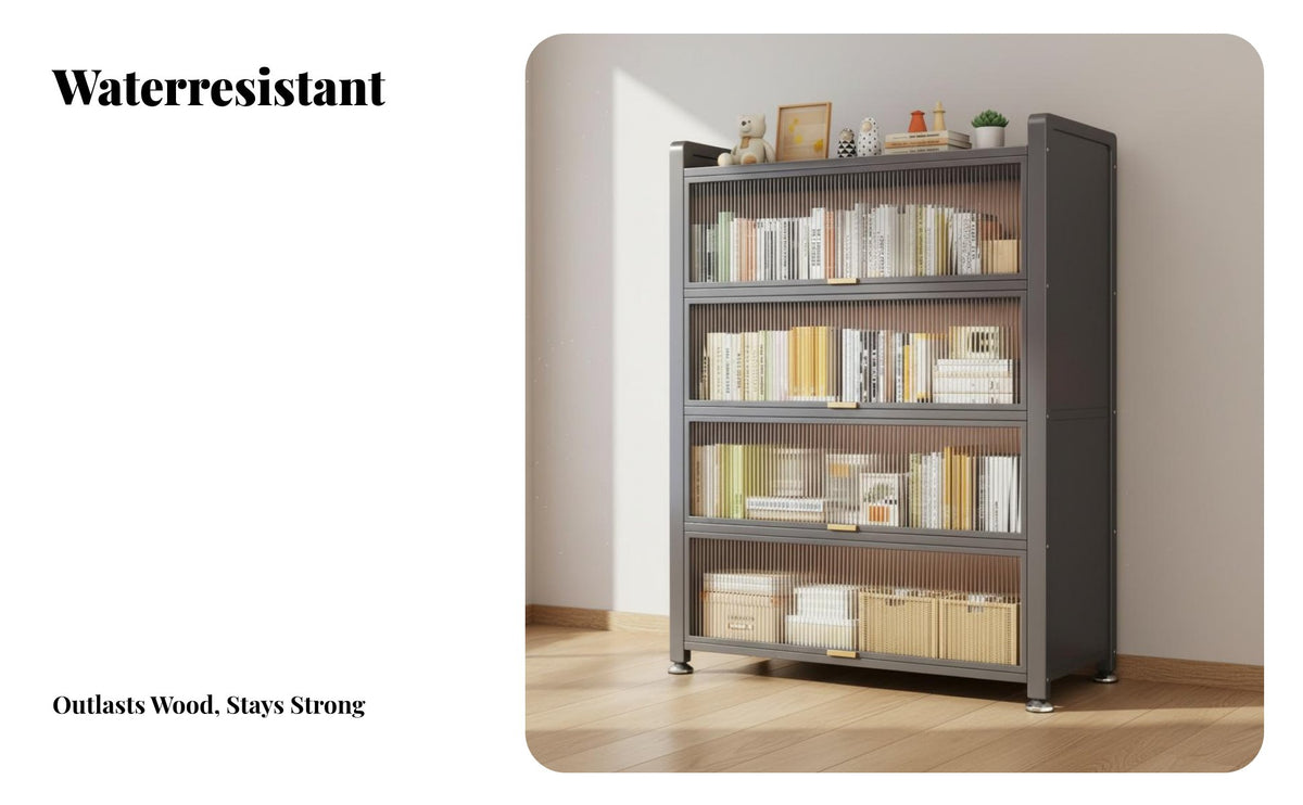 Dust-Proof Multi-Tier Shelf with Fluted Doors Sturdy Construction Bookcase Strong Load-Bearing Storage Cabinet Rust-Resistant for Book Lovers, Homeowners, Living Room, Bedroom, Home Office, Entryway