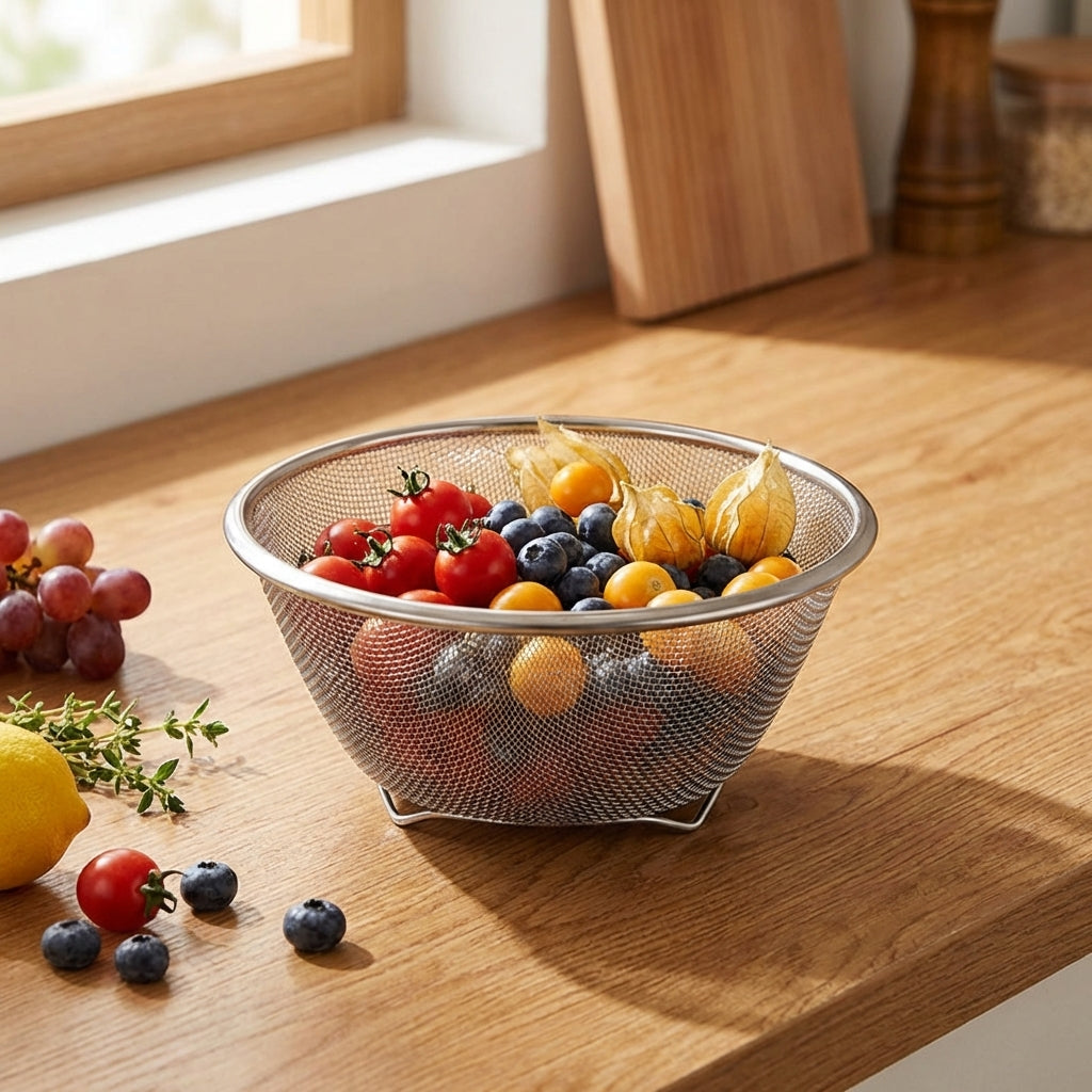 Bowl and Strainer Set with Steel Colander and Drain Basket, 304 Stainless Steel Strainer Bowl, 2-Piece Rice Washing Bowl and Fruit Basket Set
