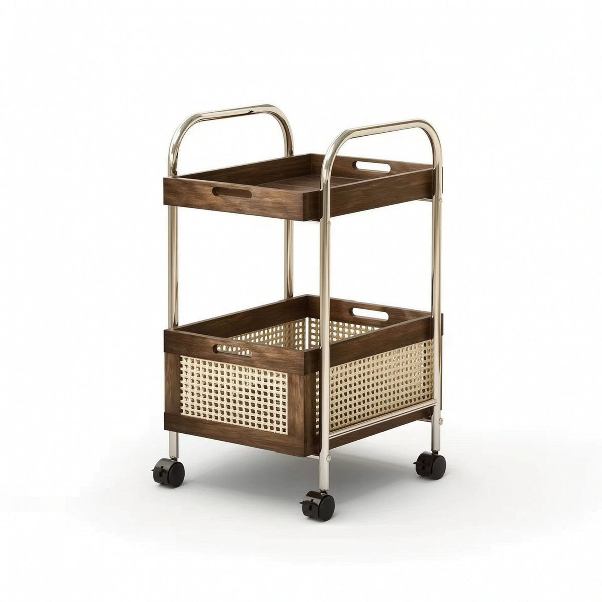 Storage Cart with Wood Trays Compact Two-Tier Trolley Easy Assembly for Bedroom