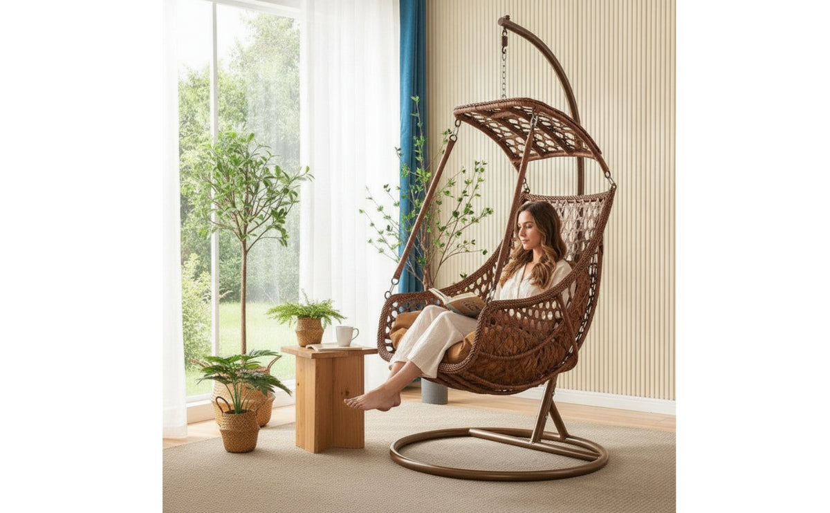 Rattan-Style Hanging Egg Chair Woven Egg Chair with Stand Cushioned Freestanding for Adults, Patio, Balcony, Backyard, Bedroom