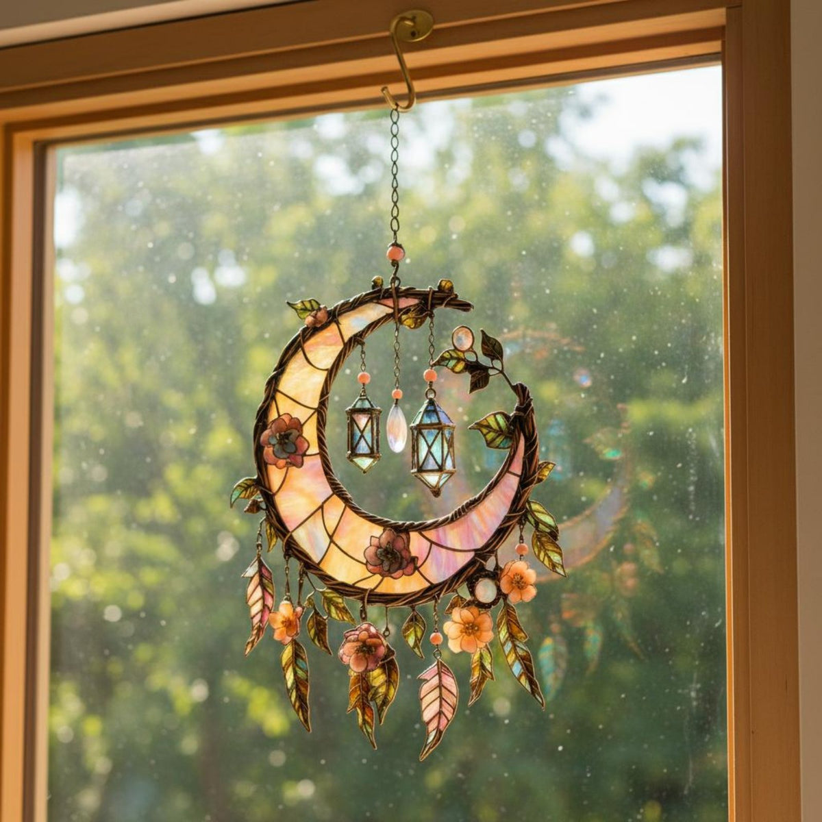 Flower-Adorned Moon Hanging Ornament Light Catching Acrylic Moon Ornament Creates Colorful Light Displays Window Hanging for Balcony, Patio