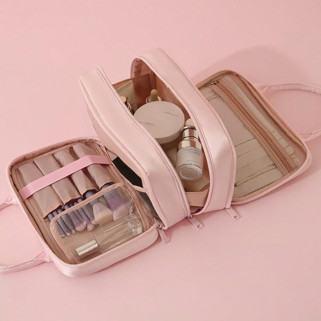 Waterproof Cosmetic Bag Large Capacity with Compartments and Handle, PU Leather Make Up Case for, Toiletry Organizer for Daily Use
