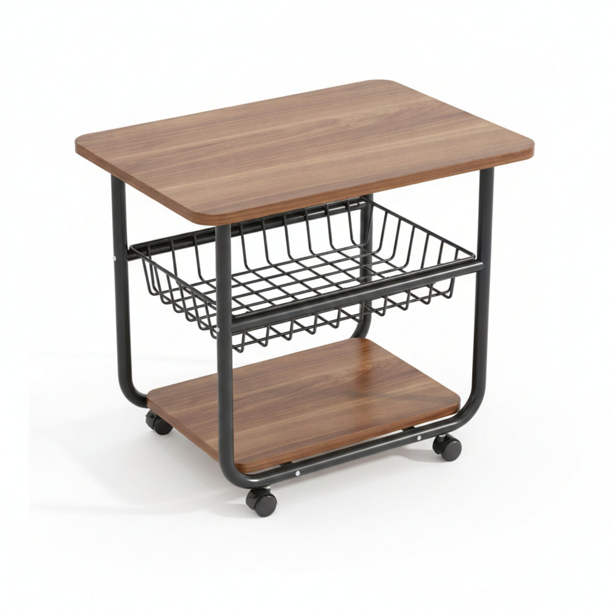 Two-Tier Rolling Side Table Metal Frame Furniture Compact for Beside a Sofa