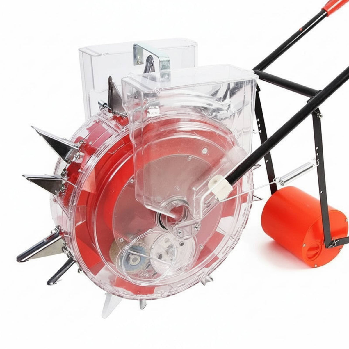 Hand-push seeder sows and fertilizes soybeans.