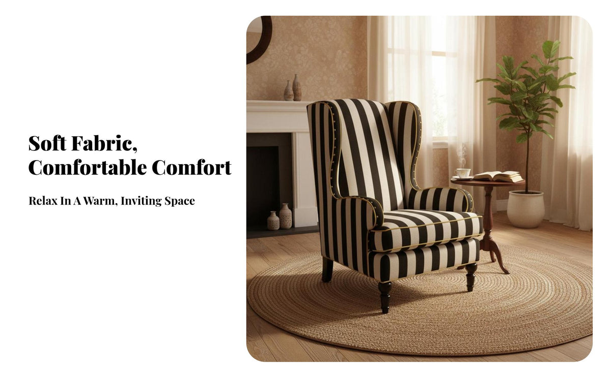 Highrear Support Striped highrear side chair Armchair Vintage Inspired Upholstered highrear side chair Armchair Sturdy Wood Legs Accent Chair Thickly Cushioned for Homeowners, Interior Decorators, Living Room, perusing alcove, Bedroom, Office