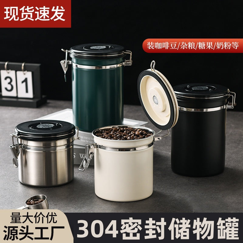 304 Stainless Steel Airtight Storage Jar with Exhaust Valve for Coffee Beans and Dry Goods, 1-2L