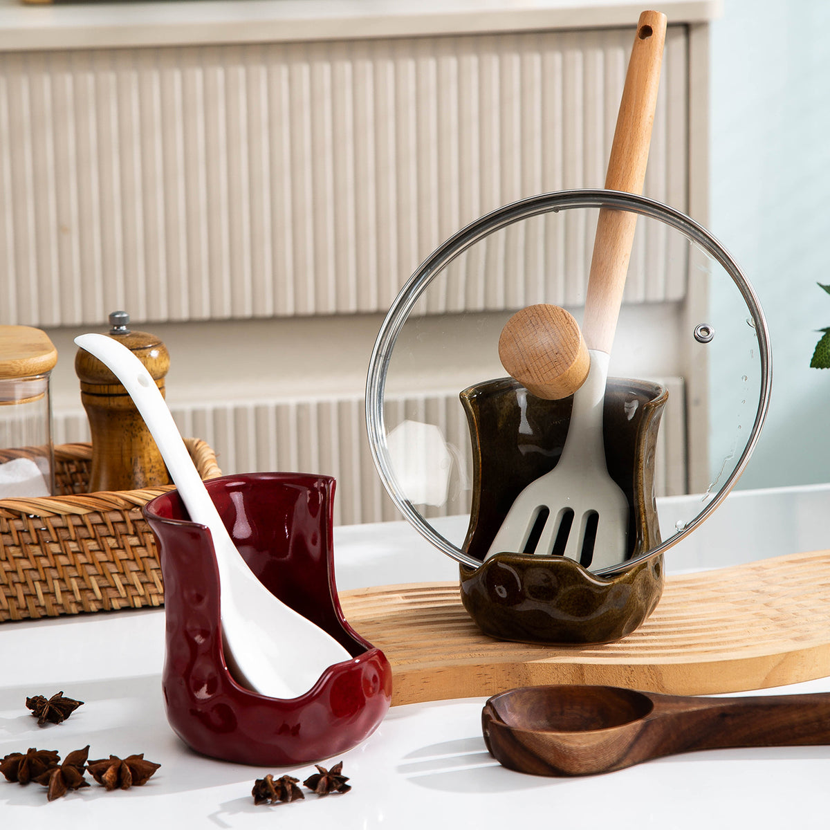 Ceramic Lid Rest and Utensil Holder for Kitchen Countertop