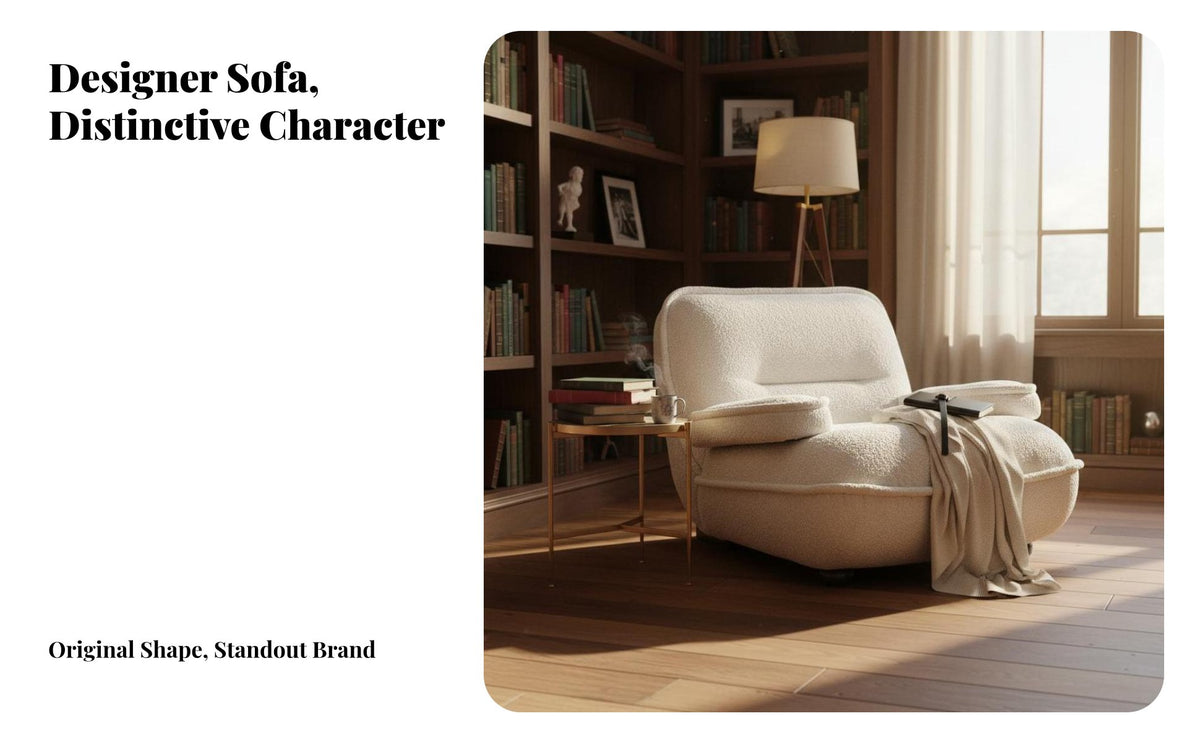 Italian Minimalist Design Beetle-Shaped Sofa Vintage Inspired Upholstered Armchair Sculptural Form Lounge Chair Lowsilhouette for Interior Designers, Apartment Dwellers, Living Room, Bedroom, perusing alcove, Home Office