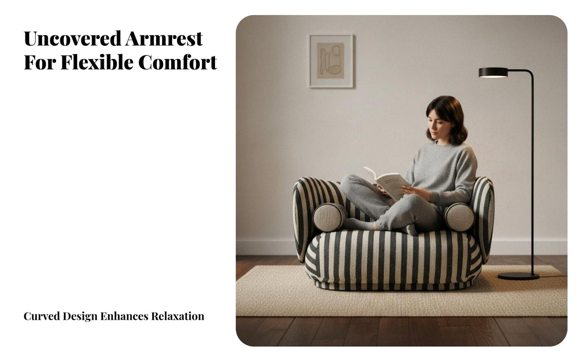 Simple Serenity artistic Striped Barrel Chair Minimalist Design Loveseat enveloping rearrest Upholstered Seating Comfortable Cushioning for Apartment Dwellers, Interior Decorators, Living Room, Lounge Area, study corner, Small areas