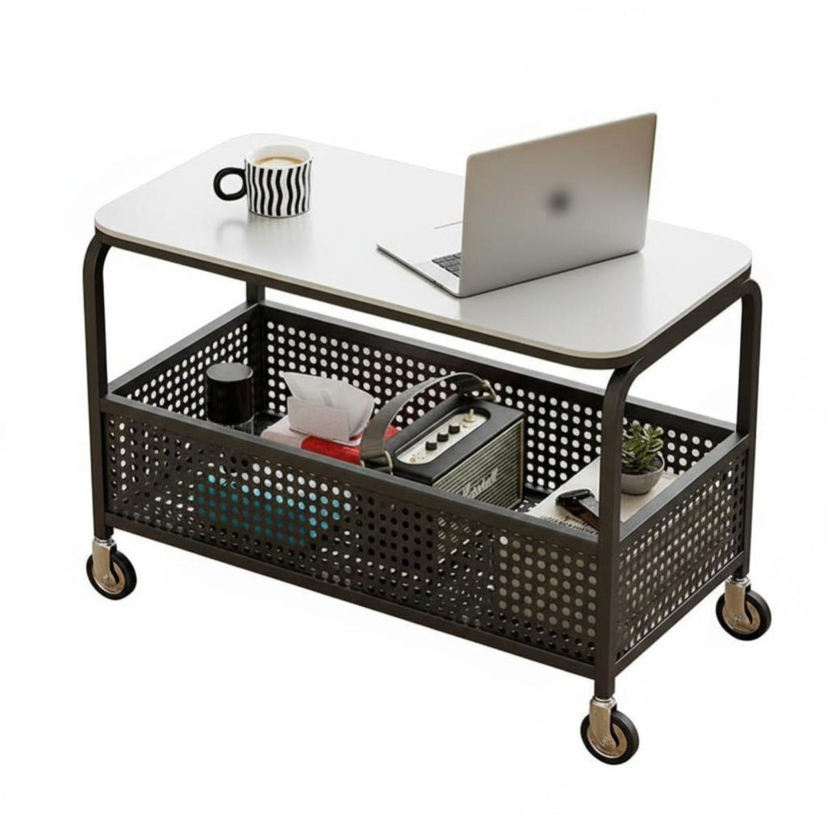 Mobile Design 2-Tier Rolling Trolley Sintered Stone Top 2-Tier Rolling Cart space-efficient Size End Table Space-Saving for Apartment Dwellers, Interior Decorators, Living Room, Bedroom, Small Spaces, Balcony