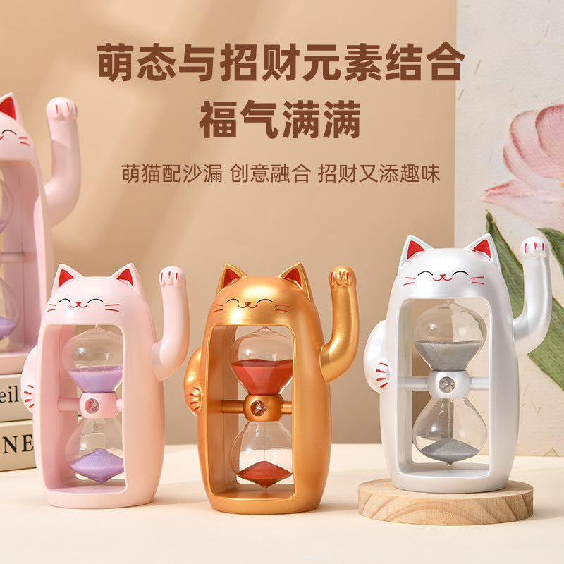 Lucky Cat Hourglass Glass Timer Handmade Modern Minimalist Ornament Personal Gift Premium Hourglass Ornament