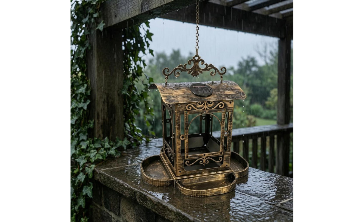 Waterproof Hanging Bird Feeder Outdoor Iron Bird Feeder Arched Chain Garden Decor Roof Style Top for Courtyard, Balcony