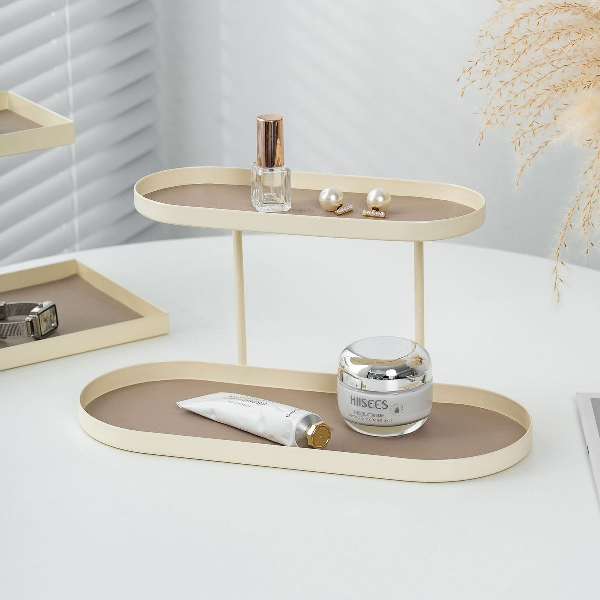 Cream Two-Tier Storage Rack for Desktop Display