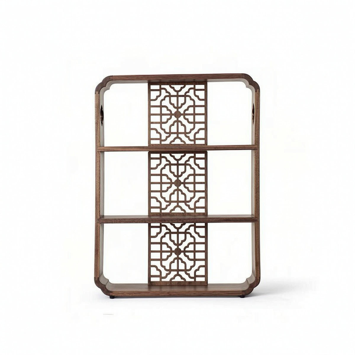 Wood Display Shelf with Carved Lattice Compact Three-Tier Shelf Small Space Wooden Bookshelf for Living Room