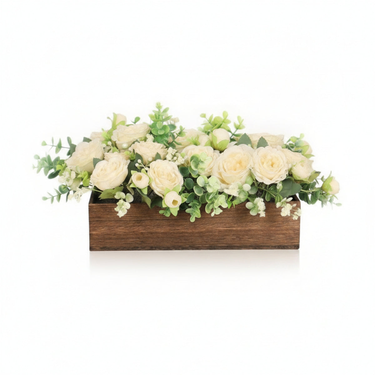 Wood Planter Flower Display Cream Faux Floral Arrangement Eucalyptus Foliage