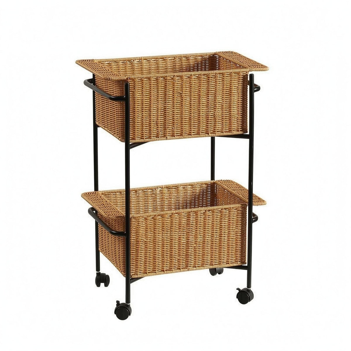 Two-Tier Storage Trolley Iron Frame Woven Basket Trolley Raised Rims