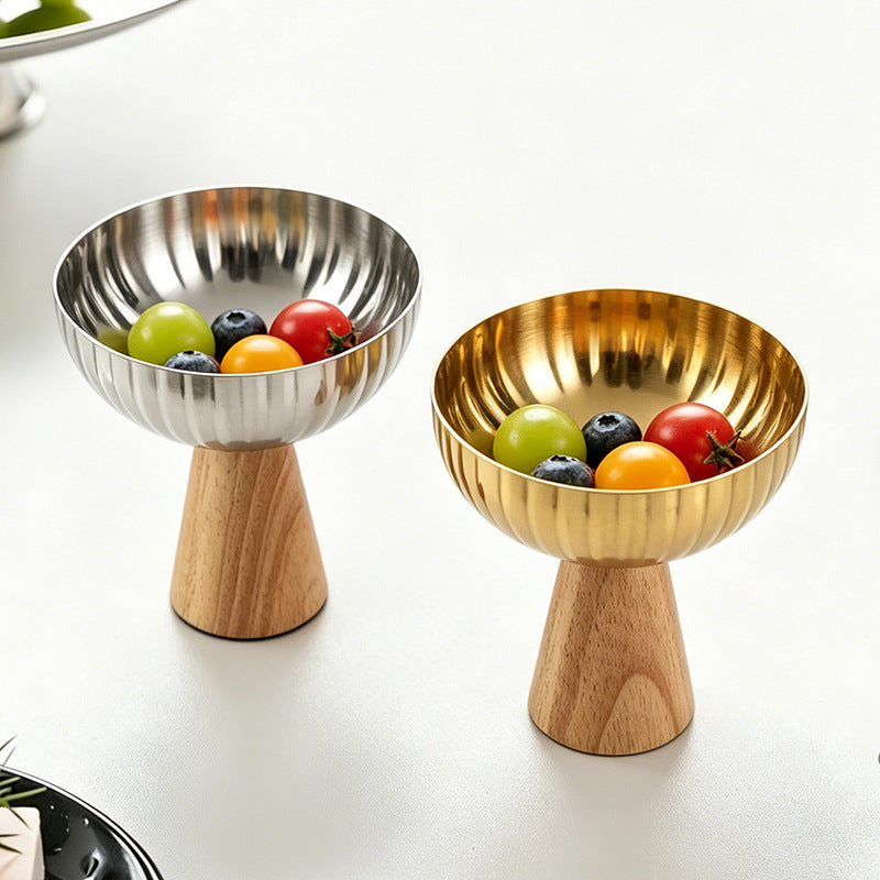 Stainless Steel Fruit Bowl with Wooden Base