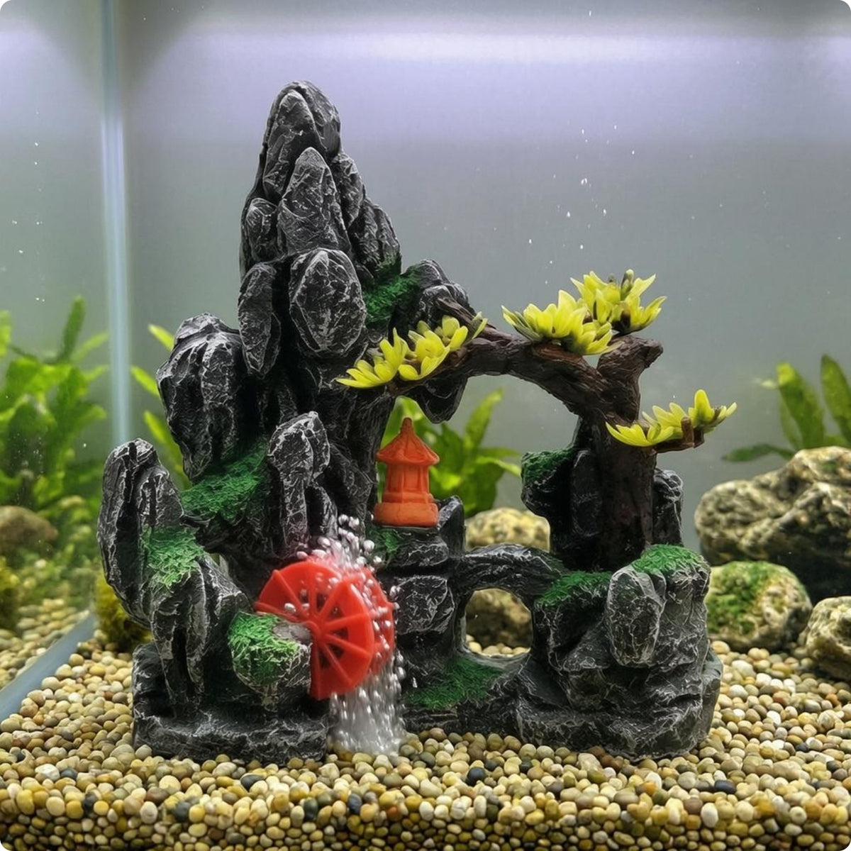 Water Wheel Aquarium Ornament Low Maintenance Pagoda Rock Decor Hand Painted