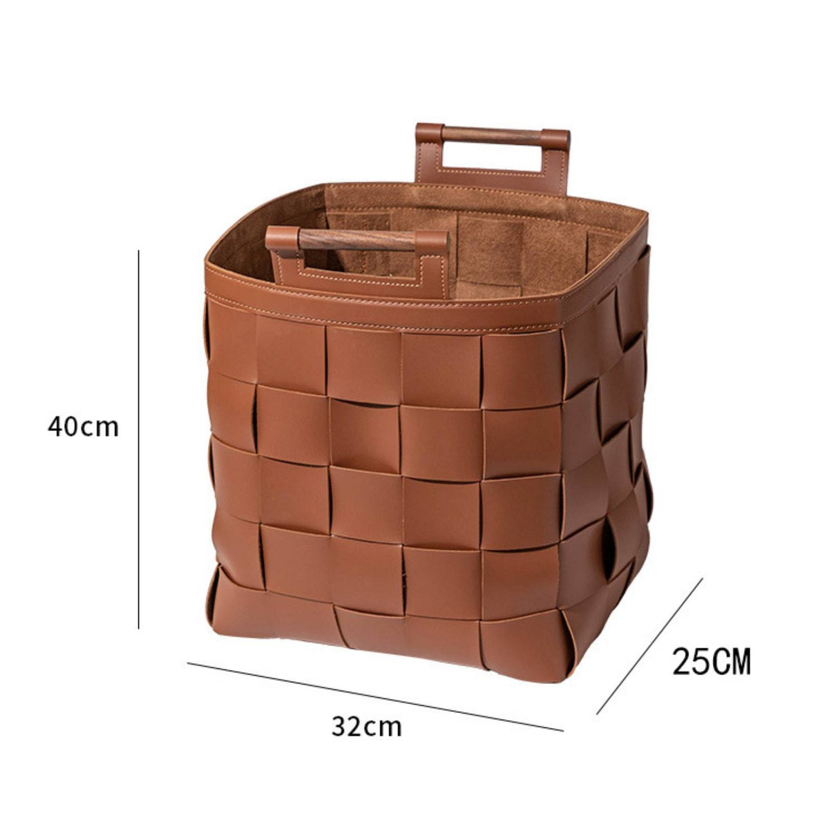 Woven PU Leather Basket Elegant Design Leather Storage Bin with Wood Handles Large Capacity Decorative Storage Bin for Bedroom, Washroom