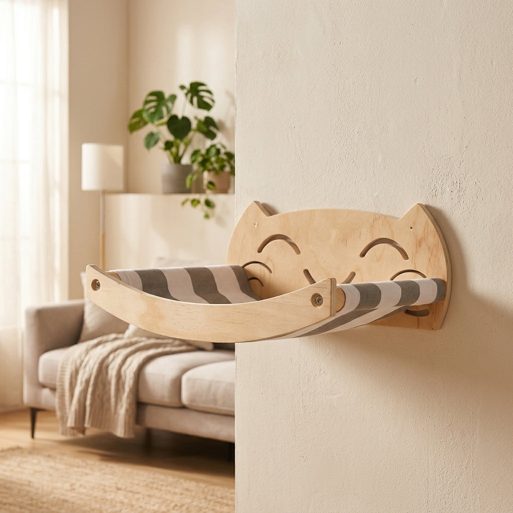 Wall Mounted Cat Shelves with Feeding Station, 6-Piece Wooden Playground and Climbing Frame with Jute Rope for Indoor Playing Climbing Decor