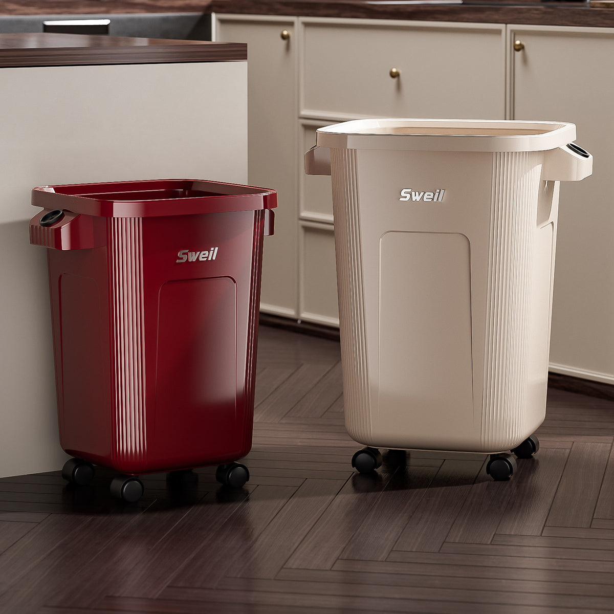 Large Capacity Trash Can for Kitchen, No Lid, with Wheels, Movable, for Food Waste, Cleaning, Household