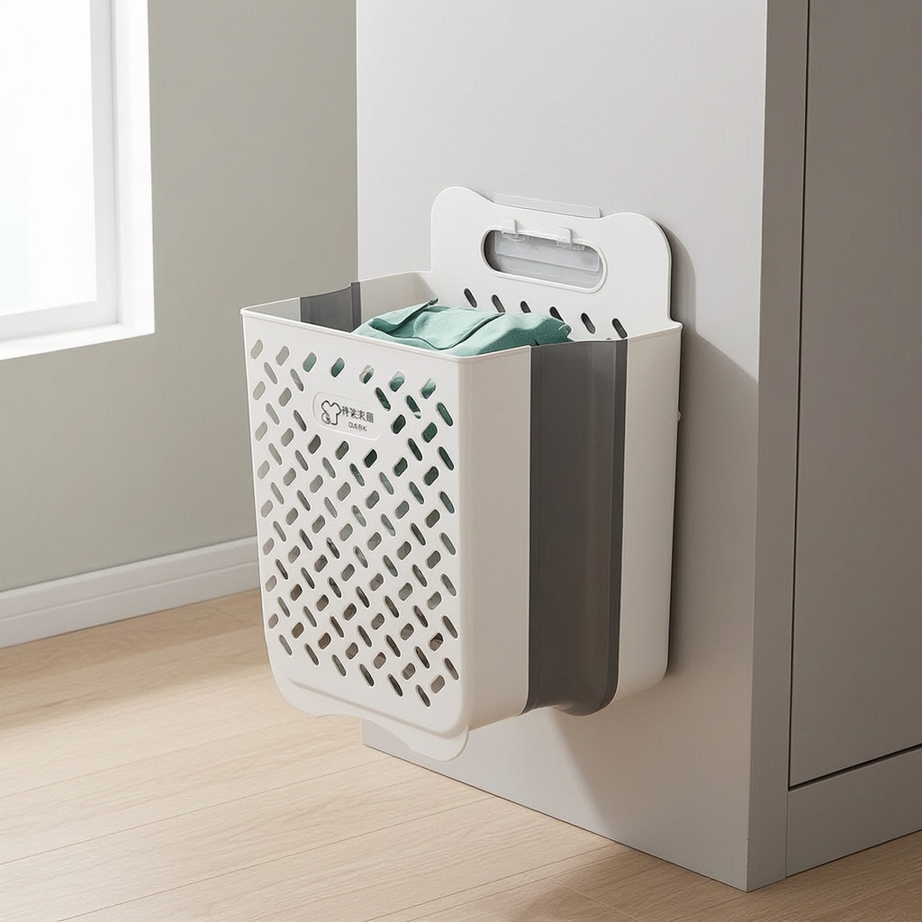 Large Foldable Wall-Mounted Laundry Hamper for Bathroom, Plastic Dirty Clothes Basket with No-Drill Installation