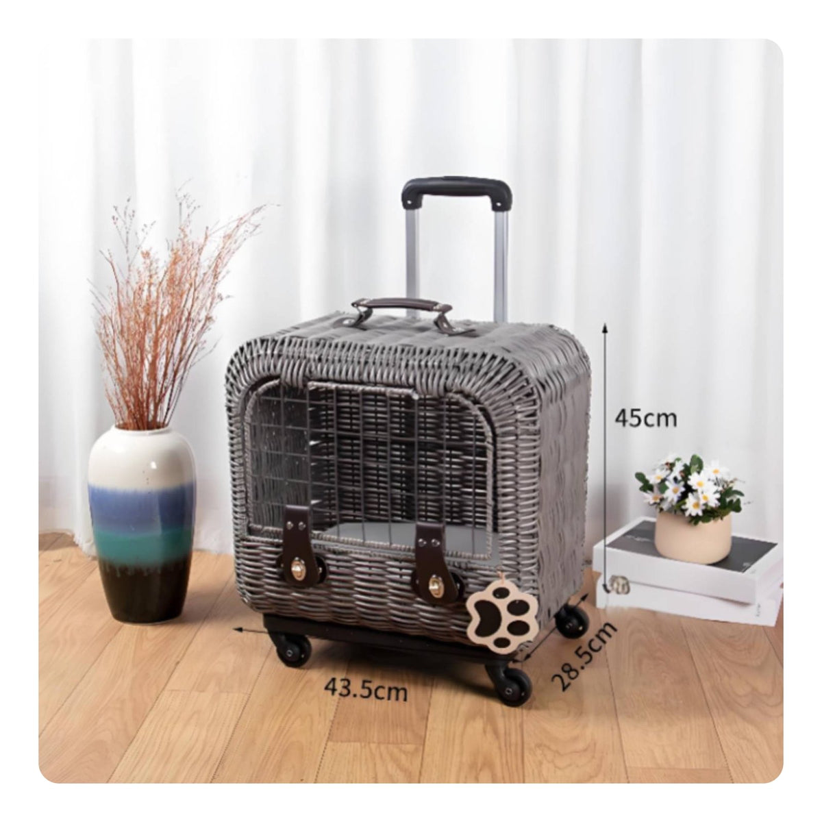 Wicker Feline Carrier Woven Pet Trolley Case Easy to Clean for Airline
