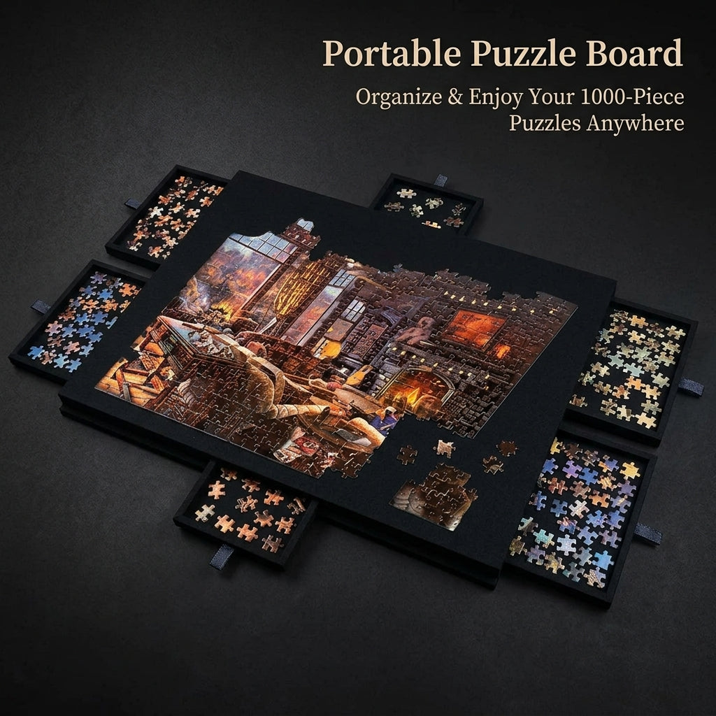 Mobile Puzzle Surface with Drawers for 1000 Piece Puzzles, Felt Mat for Adults and Home Use, Compact Storage Solution for Indoor Activities