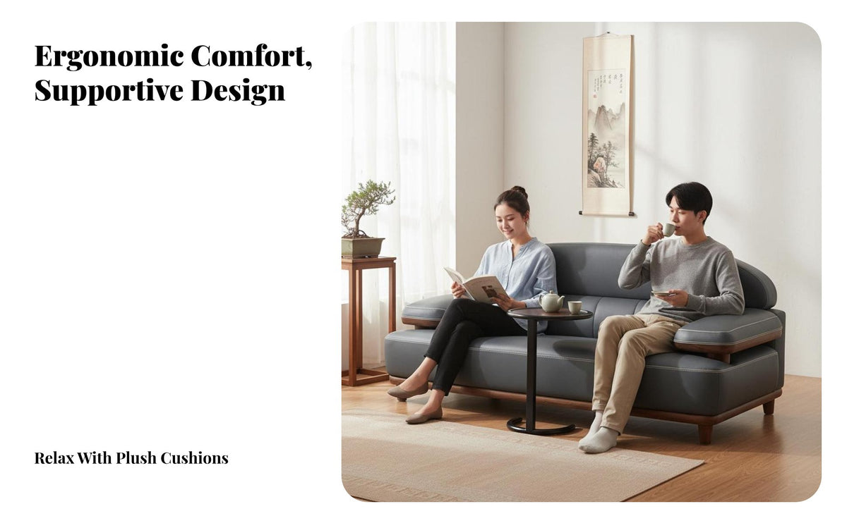 3-Seater Straight Sofa Top-Grain Leather Upholstery 3-Seater Upholstered Sofa New Chinese aesthetic Living Room Seating for homeowners, Families, Bedroom