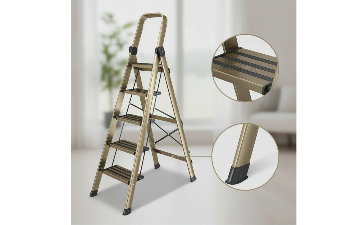 Foldable Ladder with Wide Steps Anti-Slip A-Shaped Ladder Sturdy Step Stool Space-Saving for Homeowners, Renters, Home, Kitchen, Closet