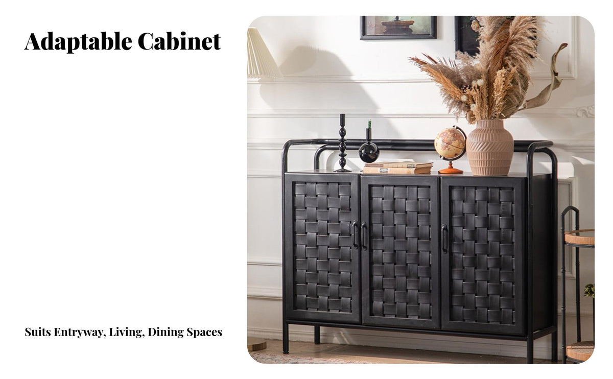 Woven Cane Doors Rattan Door Cabinet Vintage design Rattan Door Chest Black Finish Sideboard Multi-Functional for Design aficionados, Interior Decorators, Entryway, Hallway, Dining Room, Kitchen