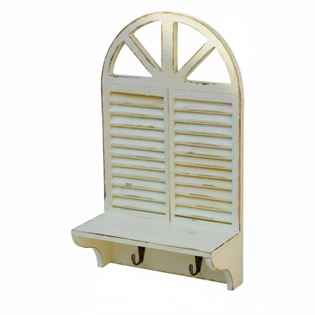 French Rural design aesthetic Faux aperture Planter Box Distressed Finish surface Decoration Louvered Shutters Home Decor Rustic Design for Interior Decorators, Apartment Dwellers, Patio, Balcony, Living Room, Entryway
