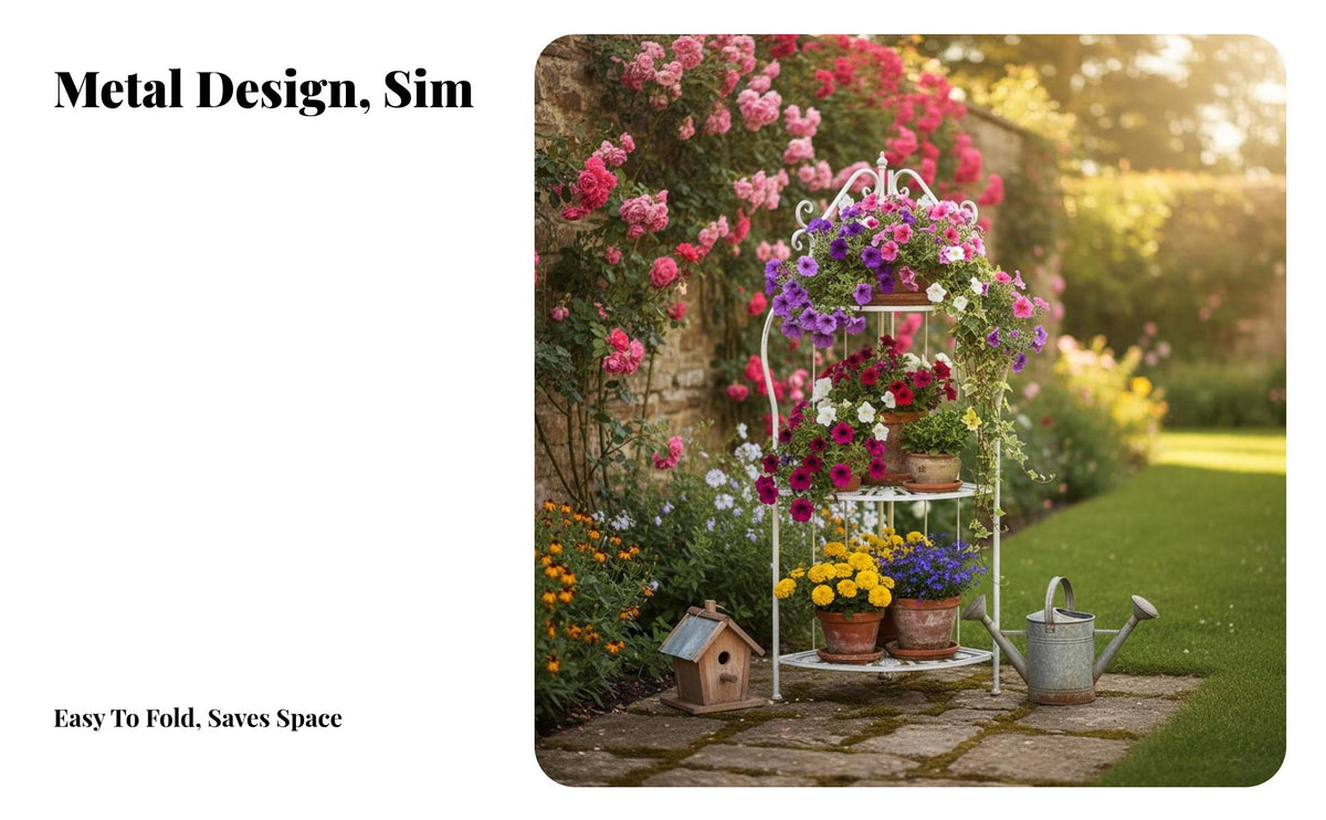 Distressed Finish 4-Tier Wrought Iron Shelf European Design 4-Tier Corner Plant Stand Foldable Design Flower Pot Holder Floor-Standing for Decor Enthusiasts, Home Decorators, Homeowners, Balcony, Courtyard, Living Room, Bedroom