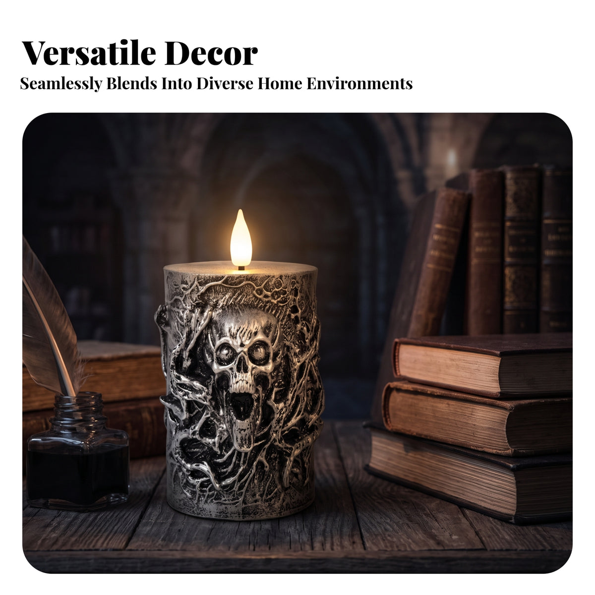 Gothic Electronic Candle | Glowing Flame-flickering bulb, Antique Silver Finish, cranium Candle, for Halloween