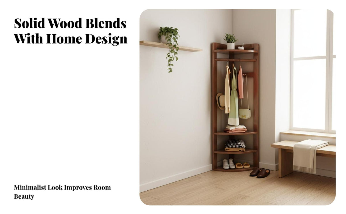 Solid Wood Corner Coat Rack Space-Saving Wooden Corner Hall Tree Stable Base Floor Standing Clothes Hanger Multifunctional for Apartment Dwellers, Homeowners, Students, Bedroom, Hallway, Living Room, Office