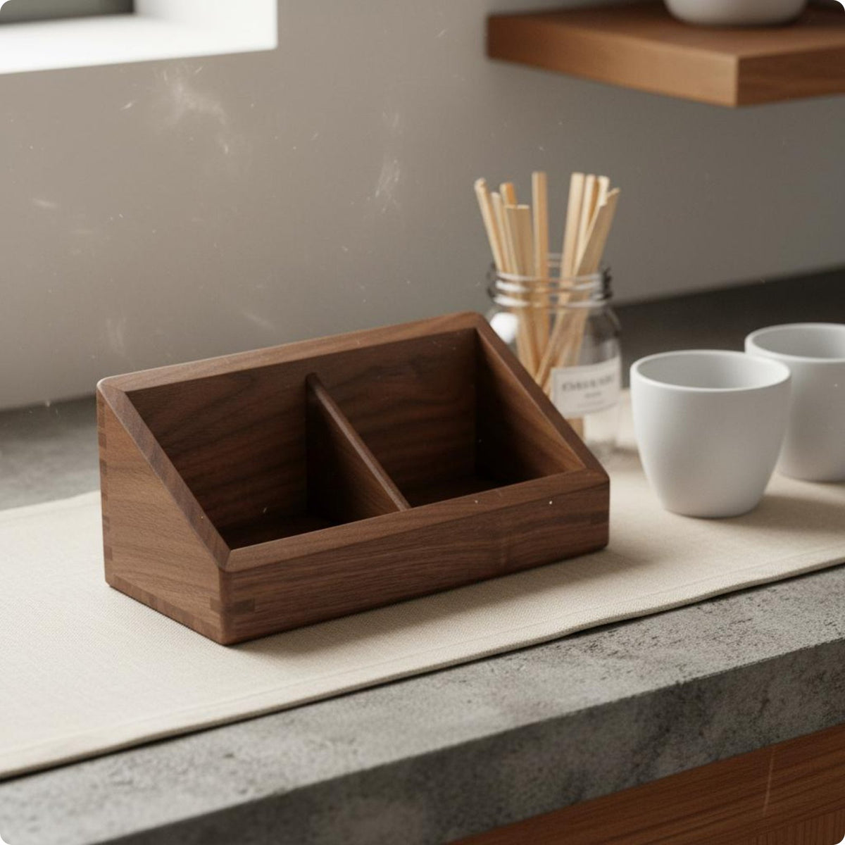Wooden Tea Bag Box Slanted Top Coffee Packet Holder Divided for Break Room, Cafe