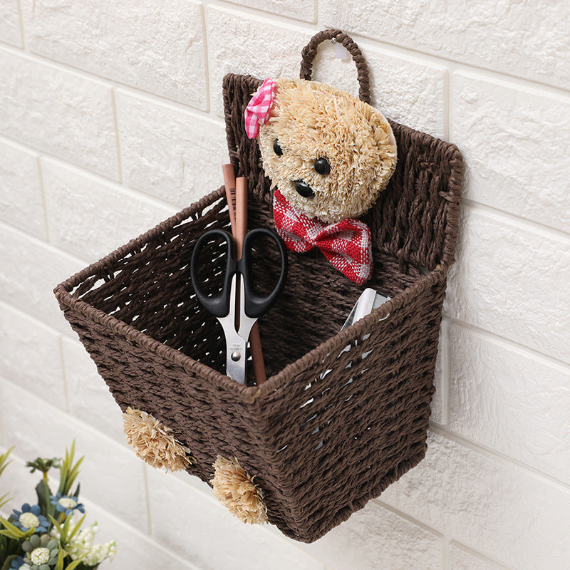 Woven Willow Cartoon Bear Hanging Basket for Storage