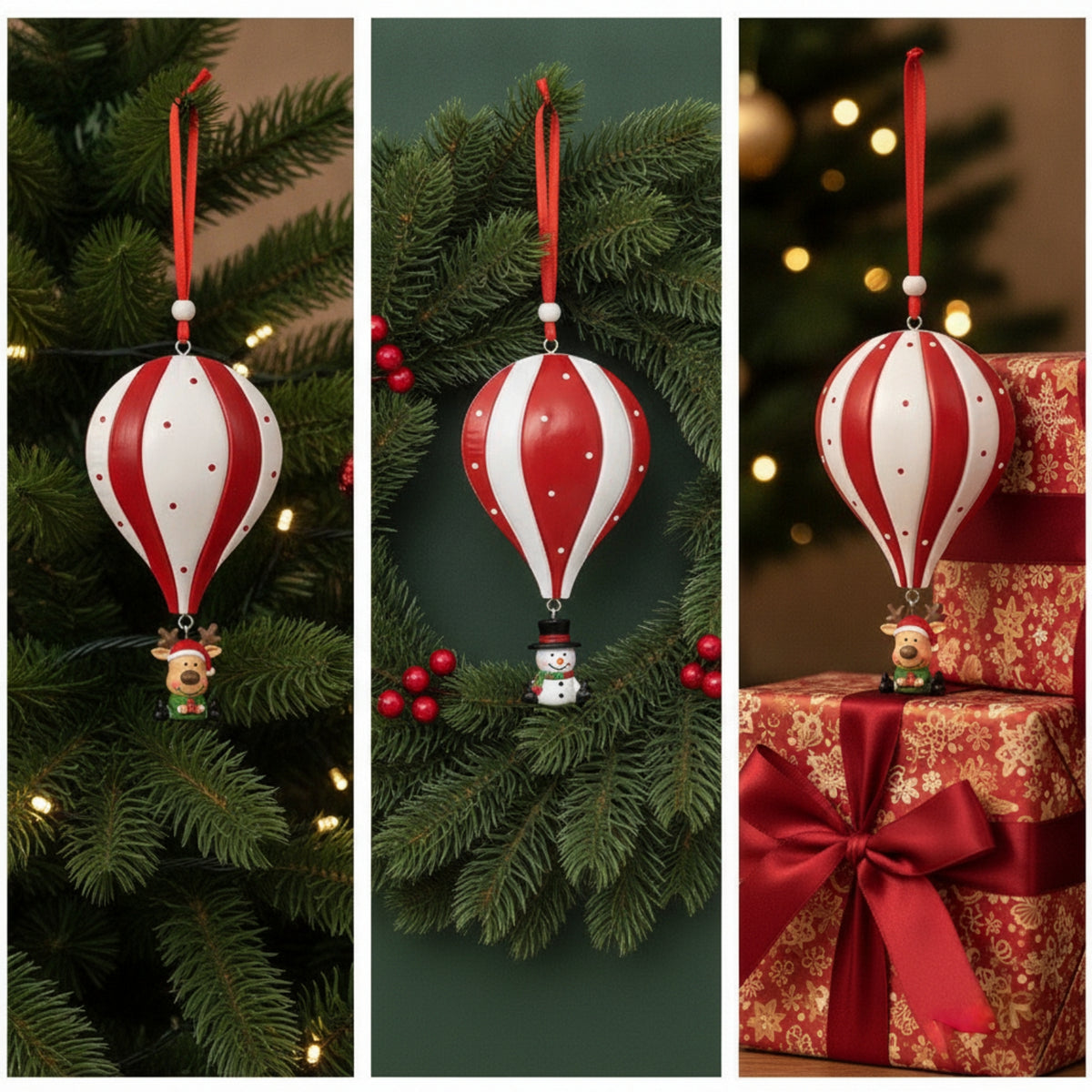 Red and White Hot Air Balloon Ornament Striped Parachute Ornament Polka Dot Ready to Hang for Wreath, Garland