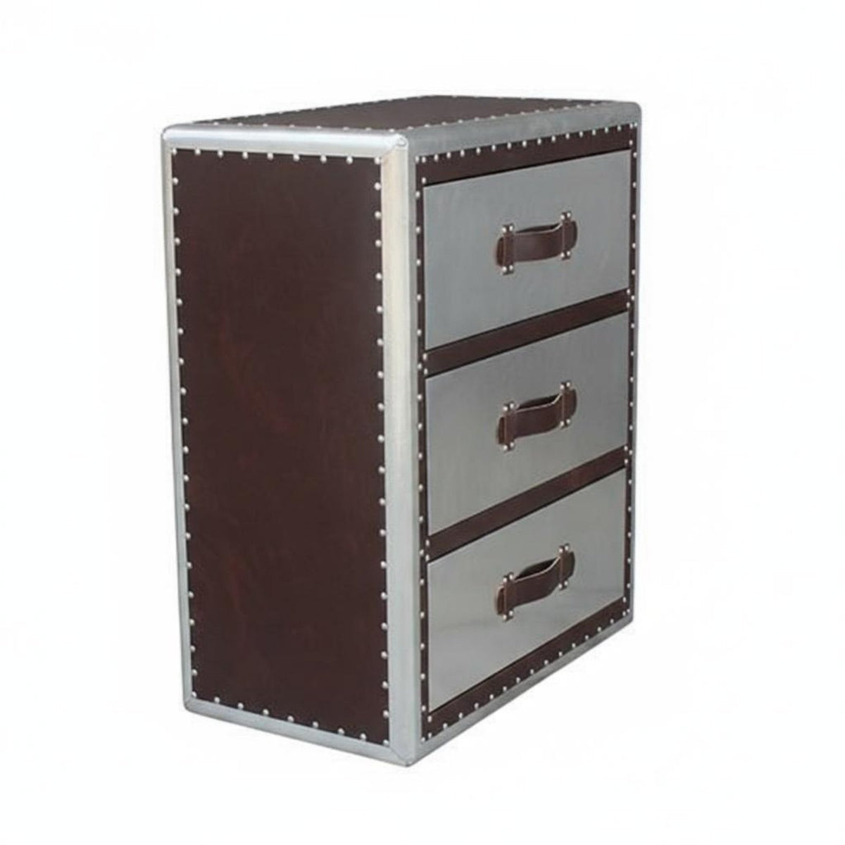 utilitarian design Bedside Drawer Cabinet Vintage Look Riveted pilot-inspired End Table Sturdy and long-lasting Nightstand space-saving Design for Interior Decorators, Apartment Dwellers, Bedroom, Small areas, Dorm Room, Man Cave