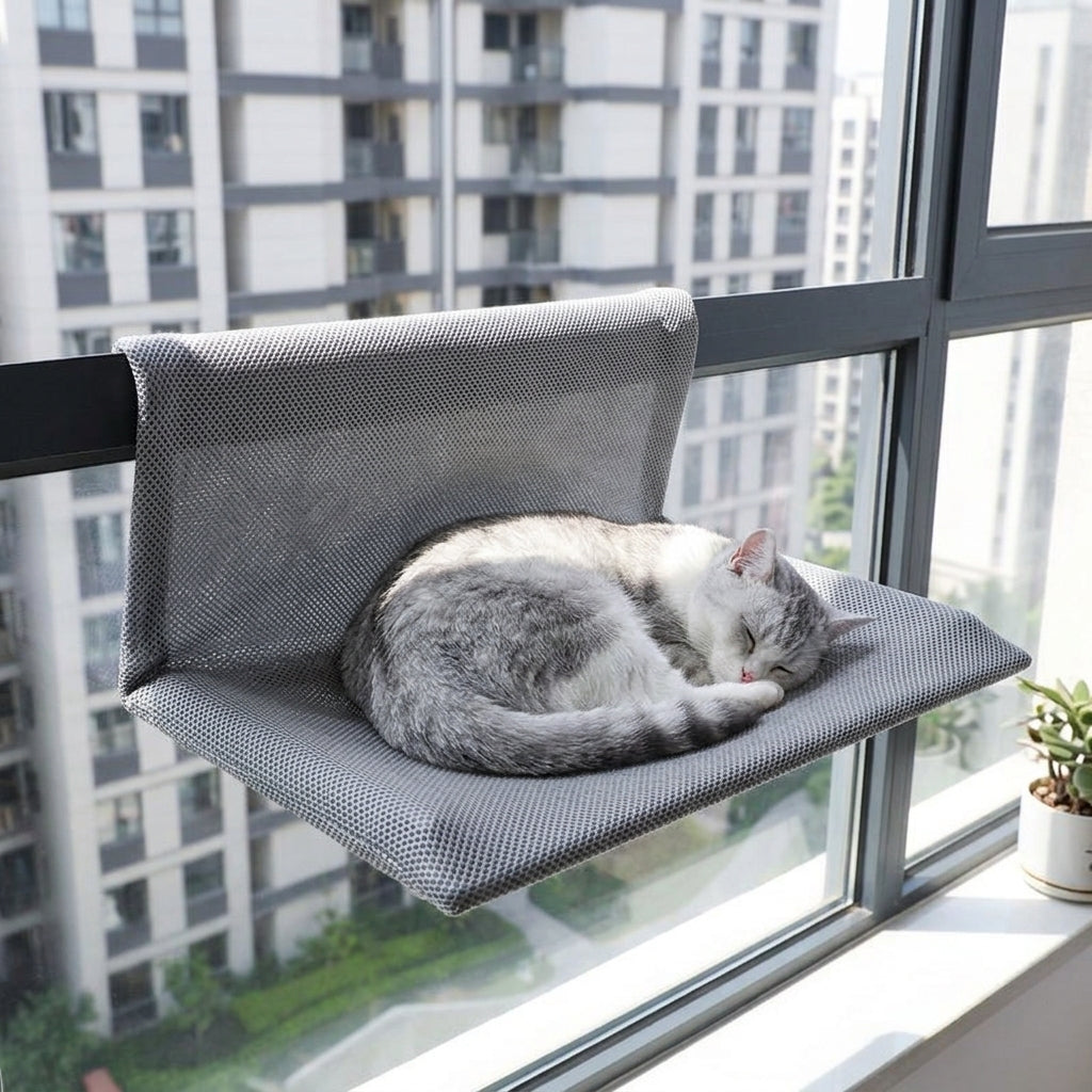 Cat Hammock Window Perch with Metal Frame, Washable Hanging Cat Bed for Indoor Cats, Strong Suction Cups, Elevated Rectangular Soft Window Seat